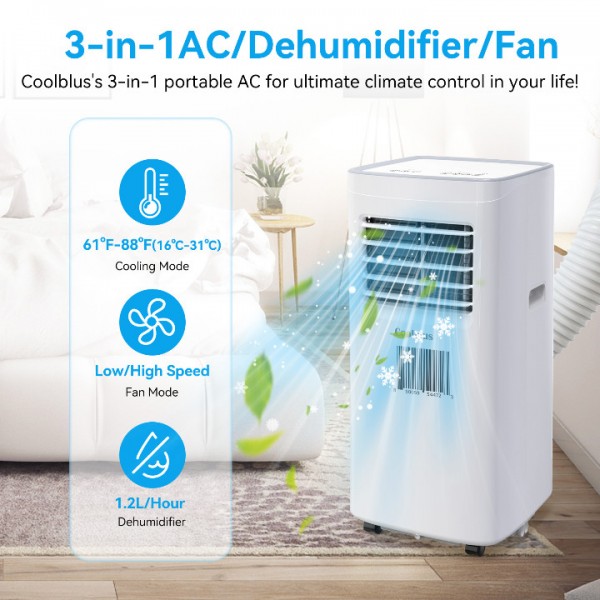 Coolblus 8500 BTU Portable Air Conditioners Cool Up to 360 Sq.Ft,3 IN 1 portable ac unit with Remote Control/LED Display/24Hrs Timer/Window Installation Kit & Screwdriver,White, 