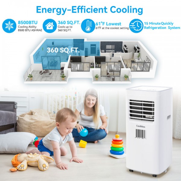 Coolblus 8500 BTU Portable Air Conditioners Cool Up to 360 Sq.Ft,3 IN 1 portable ac unit with Remote Control/LED Display/24Hrs Timer/Window Installation Kit & Screwdriver,White, 