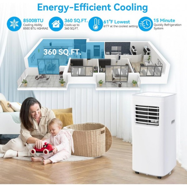 Coolblus Portable Air Conditioners,8500 BTU portable ac up to 360 Sq,3 IN 1 with Remote Control,Sleep Mode, Windows kit,White 